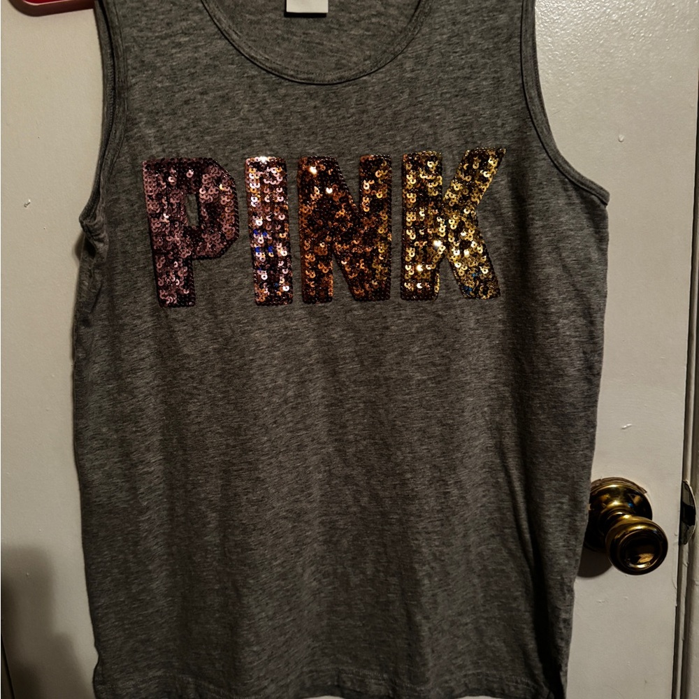 Victoria’s Secret Pink Gray Tank with sequins pink to gold.